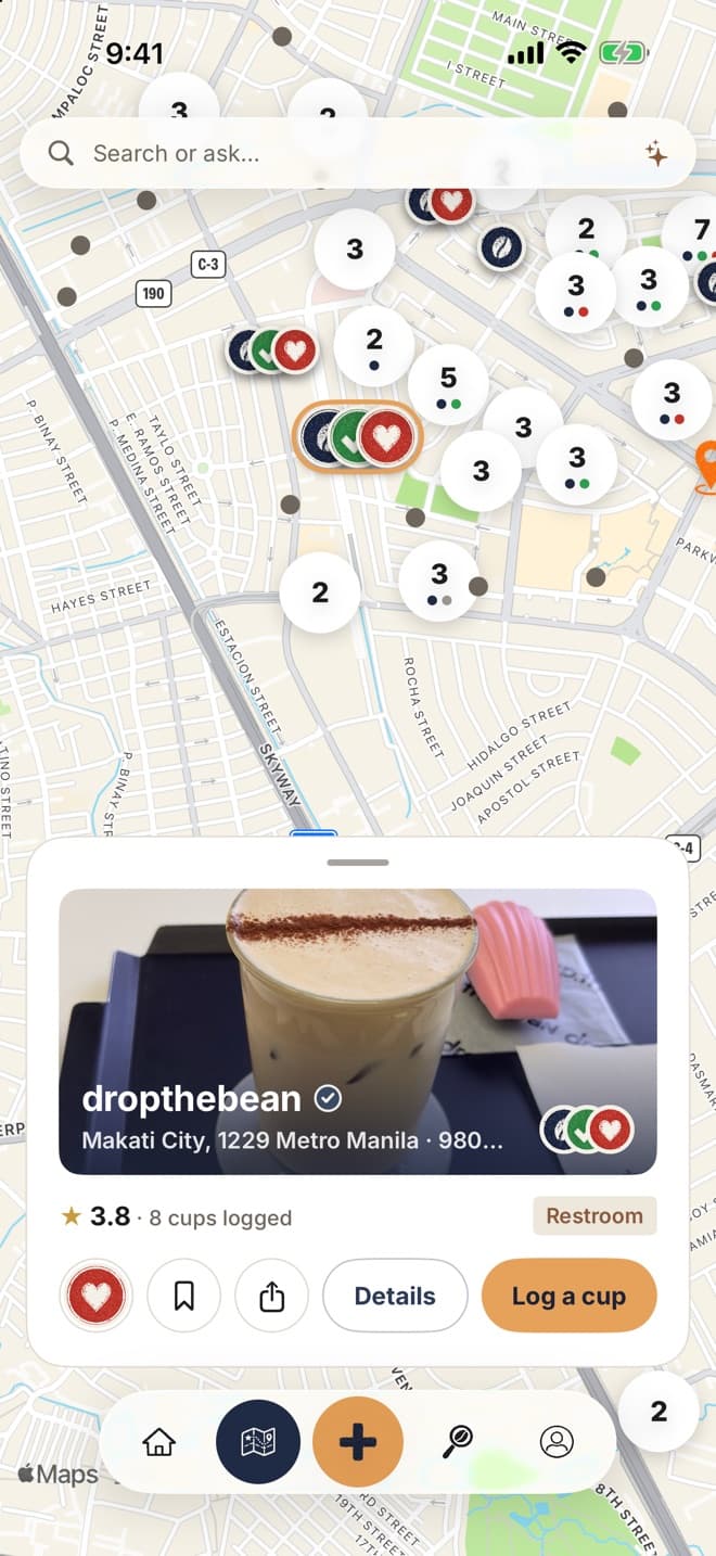 HANKO map with one cafe open as a small card with Details and Log a cup