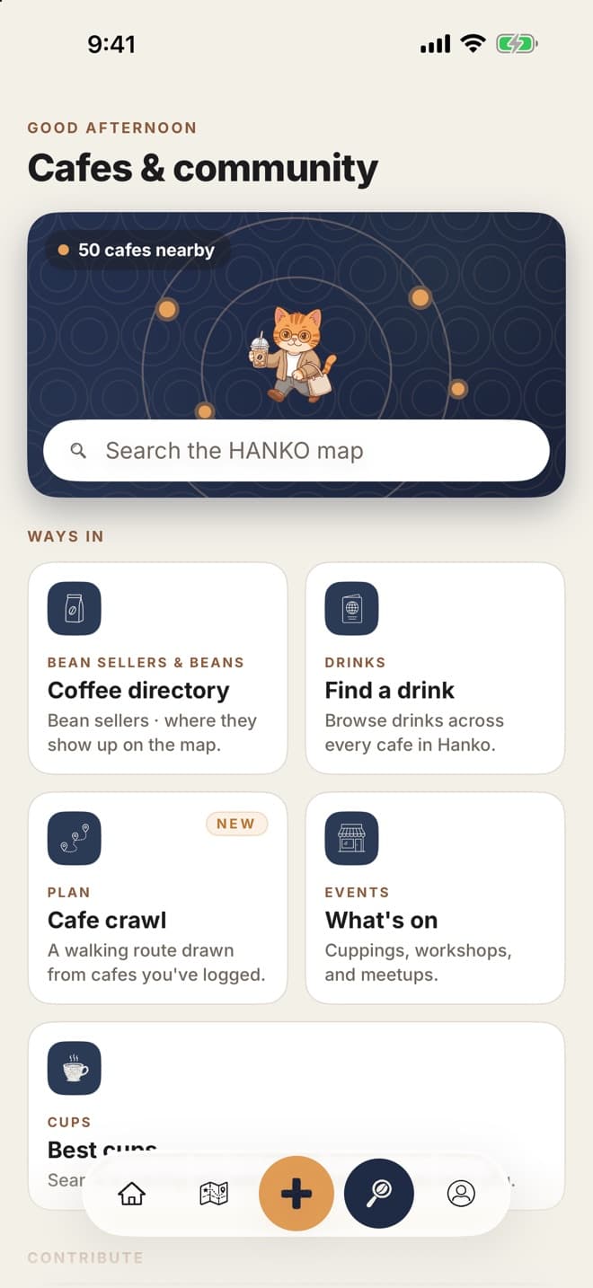 HANKO Discover tab with nearby cafes and ways in: directory, drinks, crawls, events