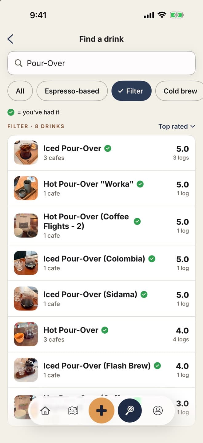 HANKO drink catalog filtered to pour-overs, sorted by top rated