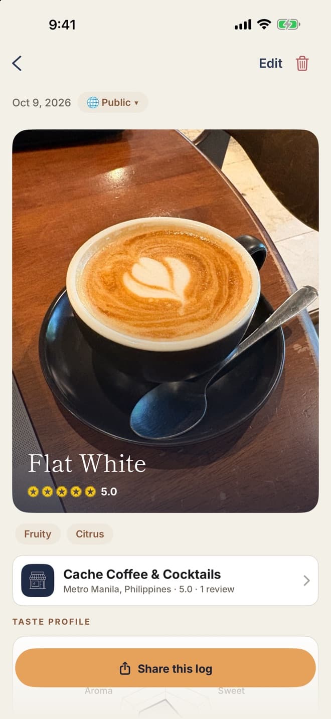 A HANKO log with the cup photo, a five-star rating and tasting tags