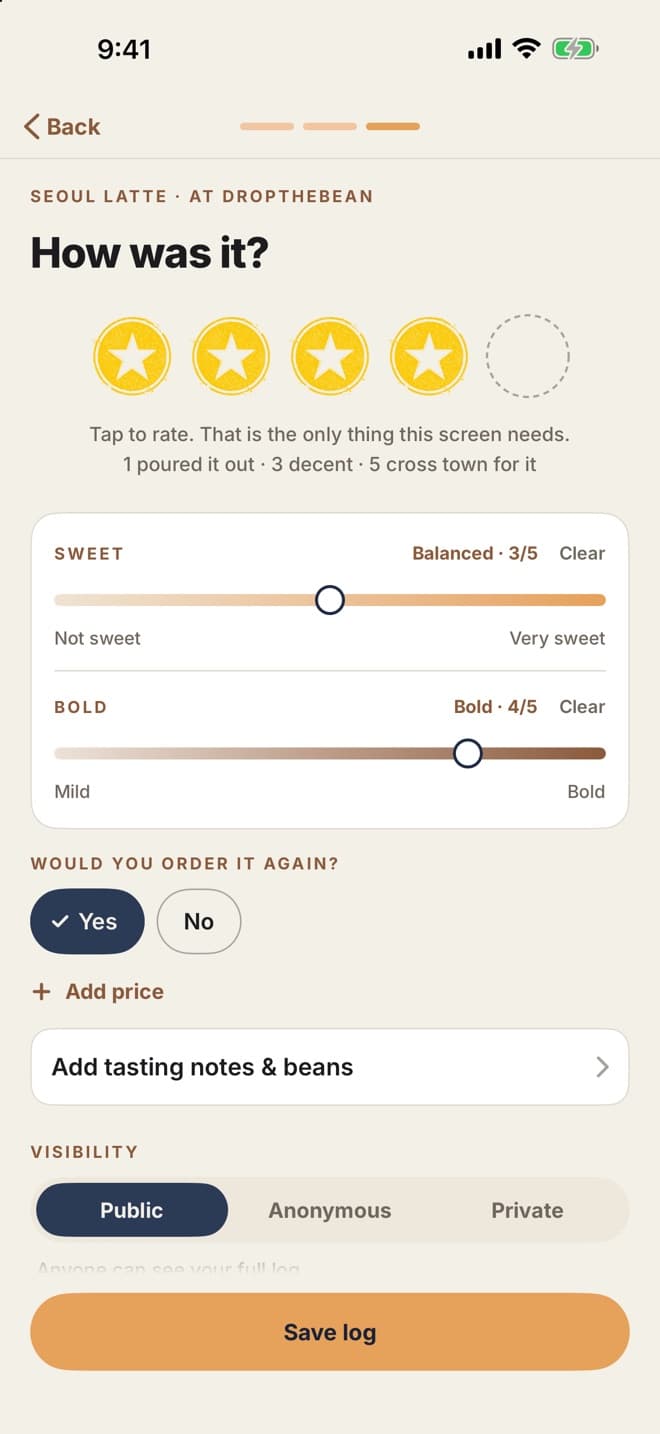 HANKO log flow rating a drink with stars and taste dials
