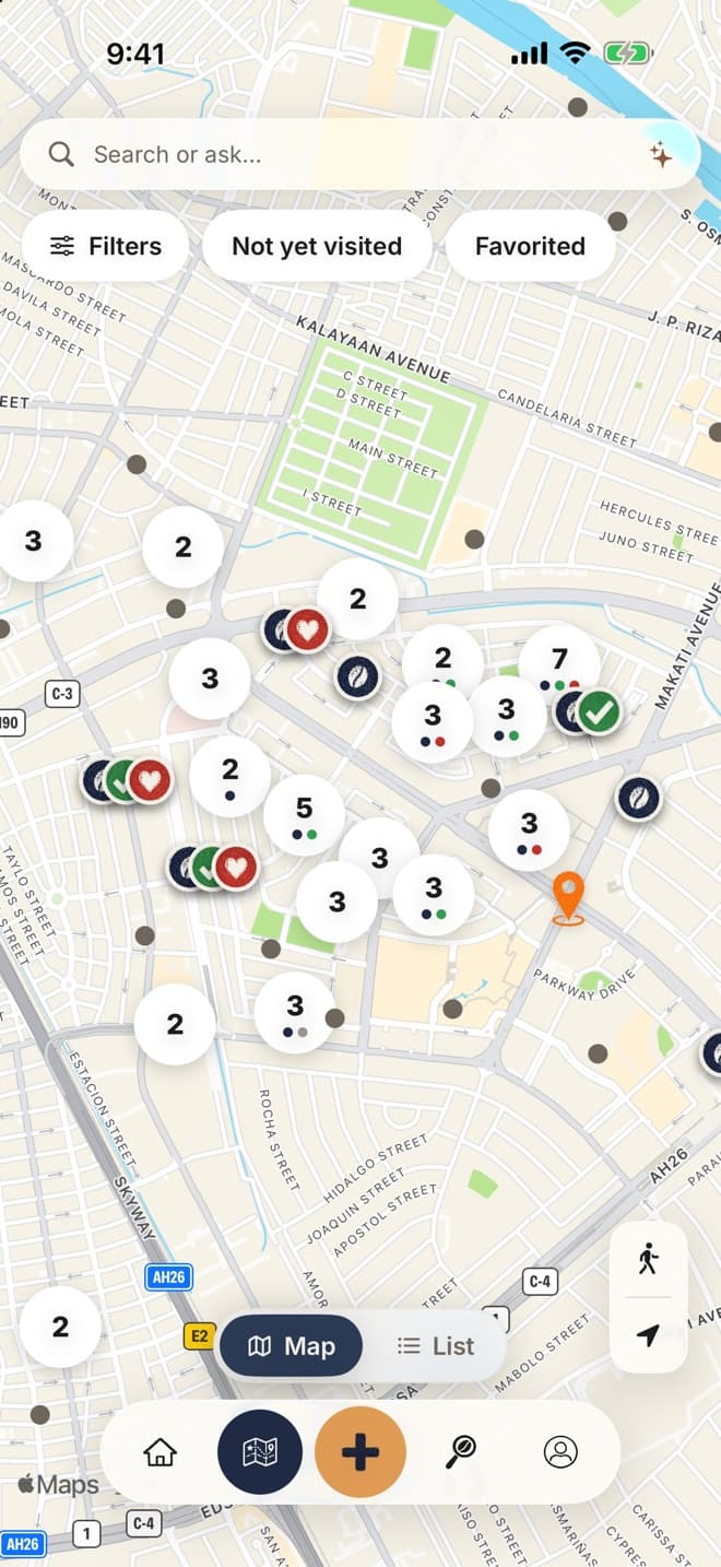 HANKO map with cafe pins, stamped cafes and merged count bubbles