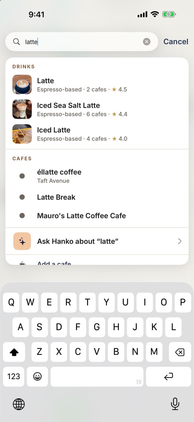 HANKO search showing drinks and cafes for latte