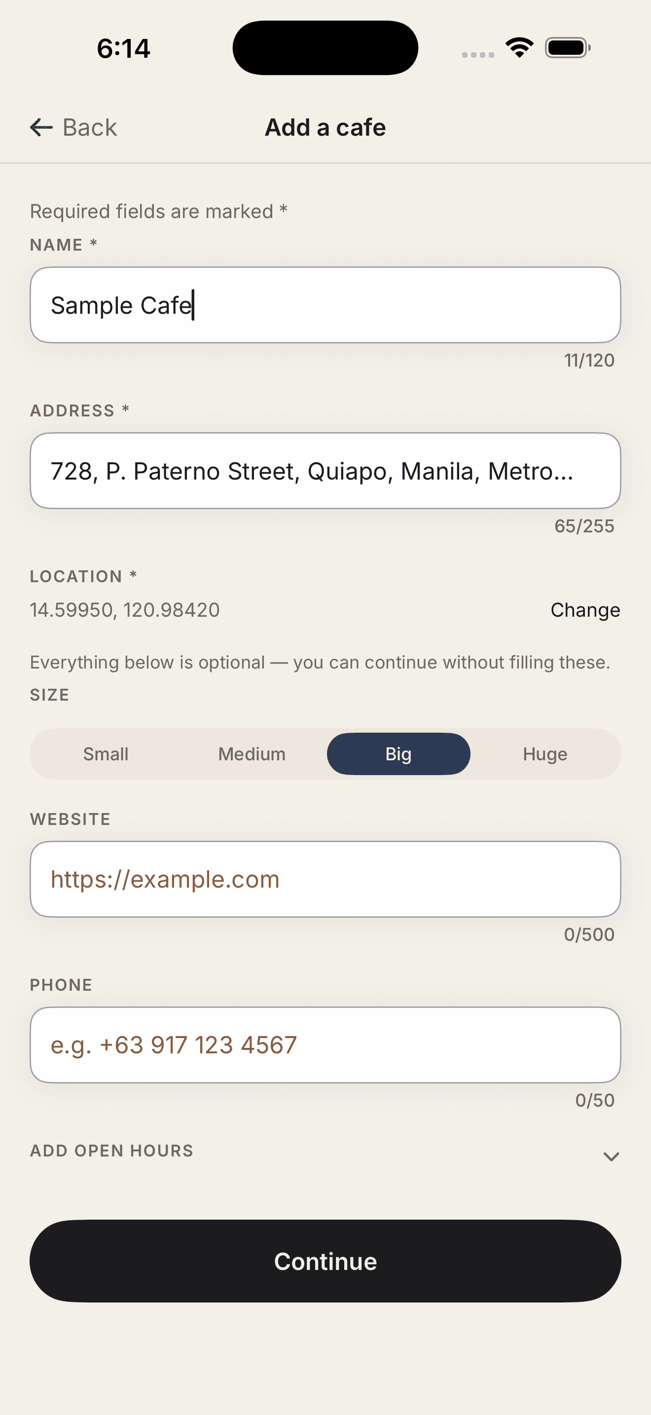 HANKO app screenshot showing the add a cafe contribution form