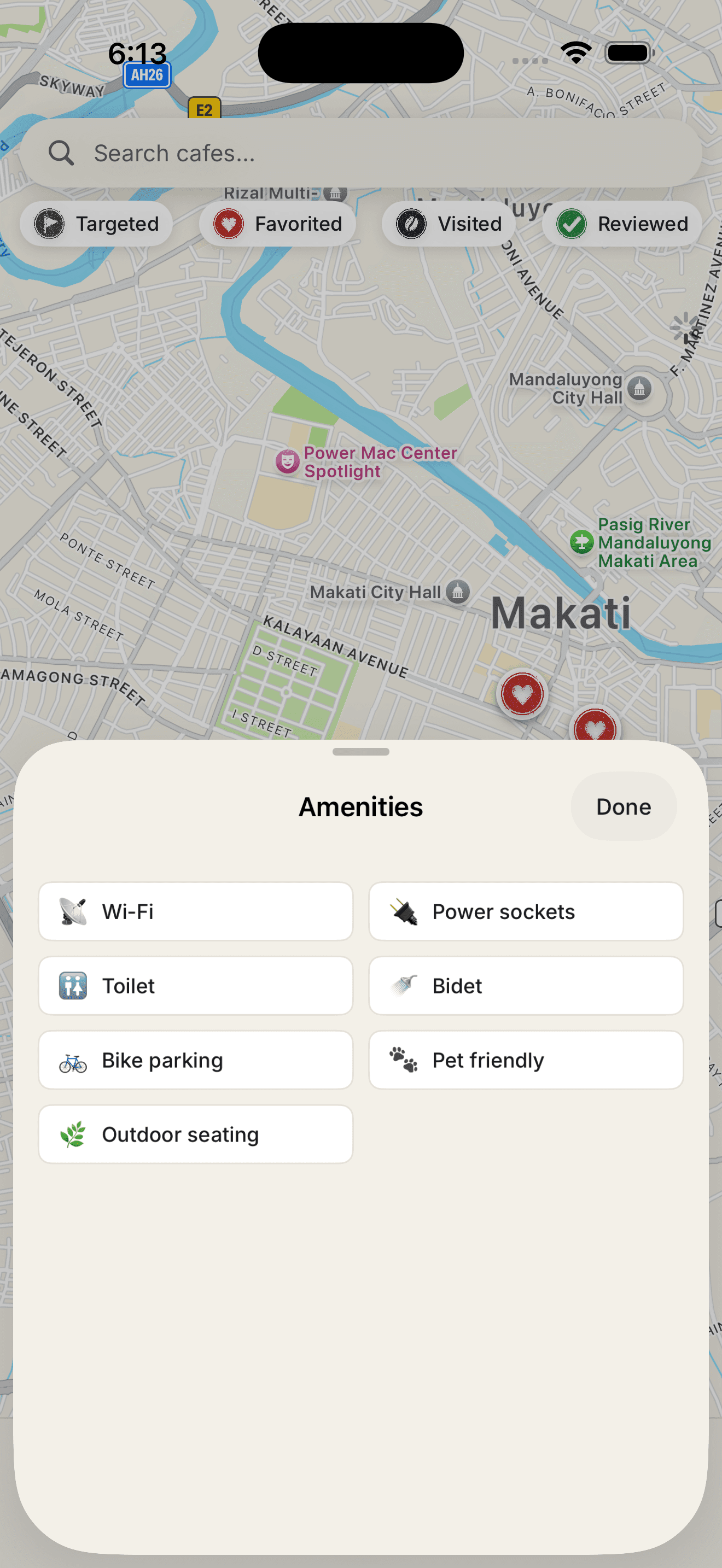 HANKO app screenshot showing amenity filters on the Journey map