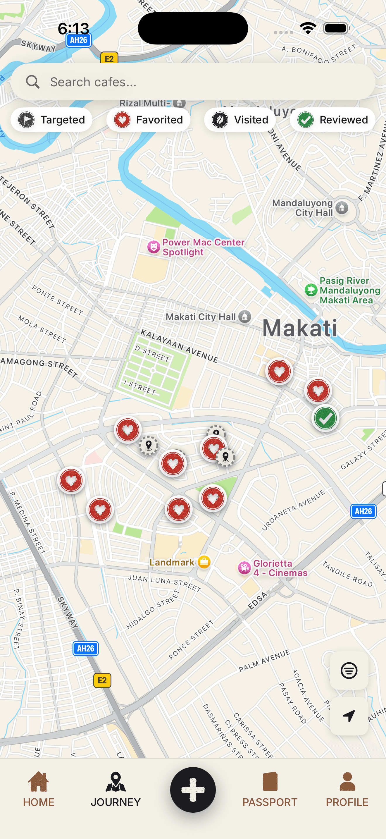 HANKO app screenshot showing the Journey cafe map with stamp filters