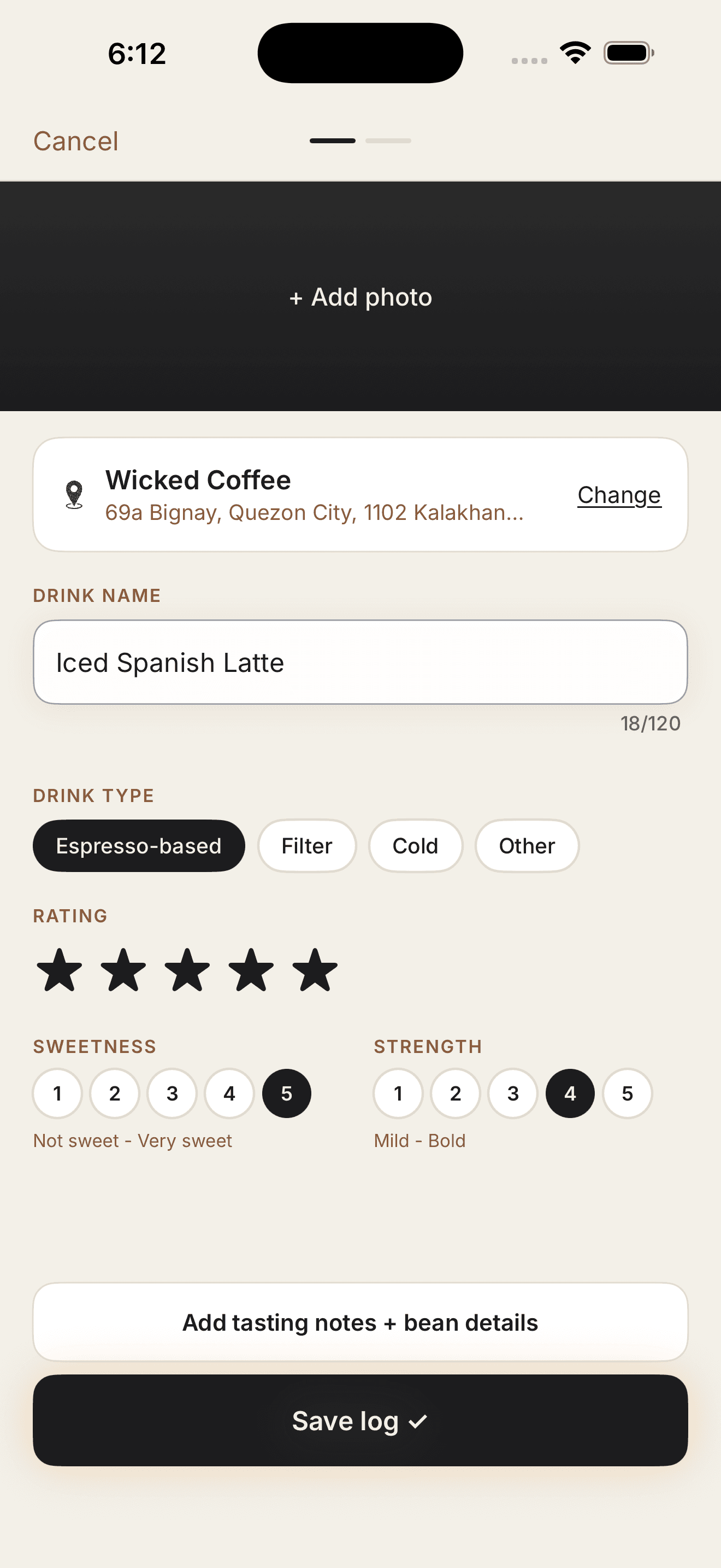 HANKO app screenshot showing a filled drink logging form