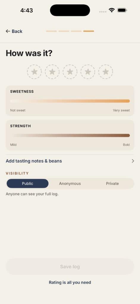 HANKO drink rating screen with sweetness and strength sliders