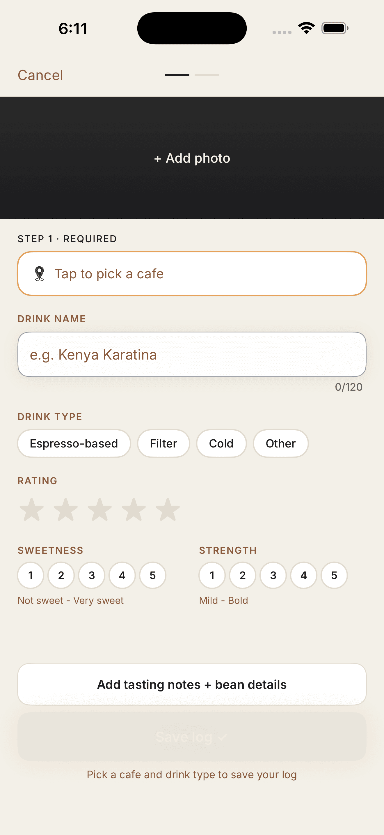 HANKO app screenshot showing the empty drink logging form