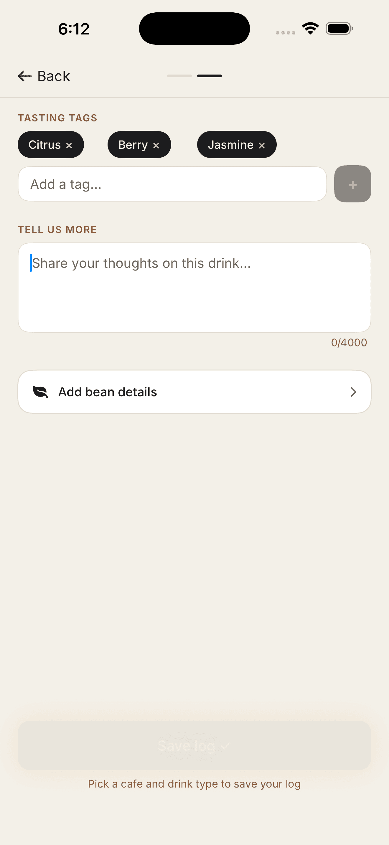 HANKO app screenshot showing tasting tags and notes for a drink log