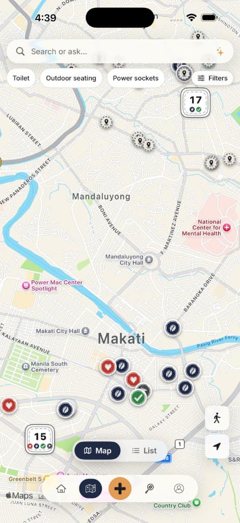HANKO cafe map with stamp marks showing your relationship to each cafe