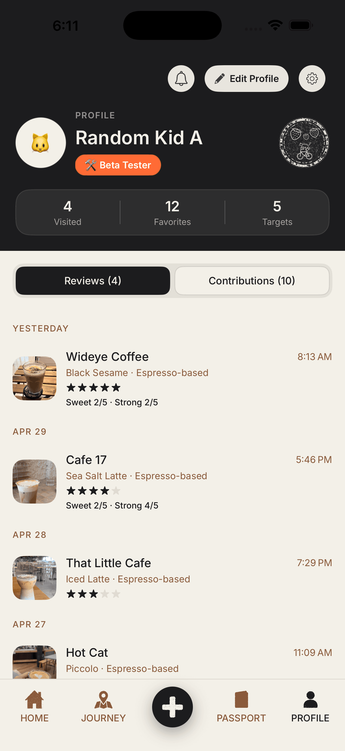 HANKO app screenshot showing the profile screen with reviews and contributions